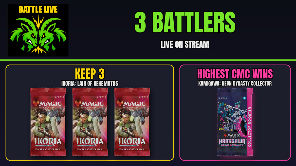 Battle: Kamigawa Neon Dynasty Collector Booster - 3 battlers, keep 3 Ikoria packs, highest CMC wins