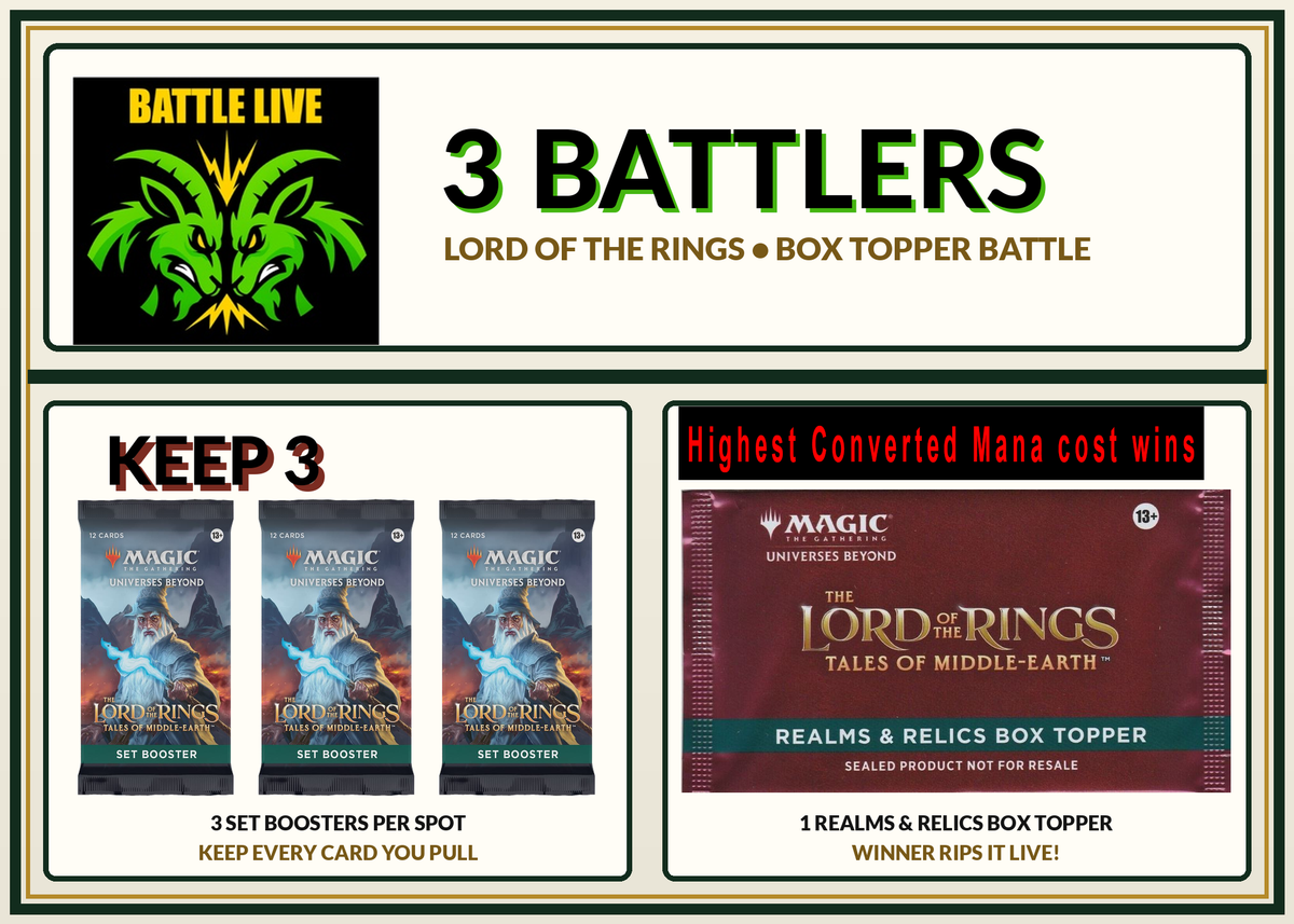 LOTR Set Booster Box Topper Battle – 3 battlers, 3 Set Boosters per spot, winner gets the Realms & Relics Box Topper